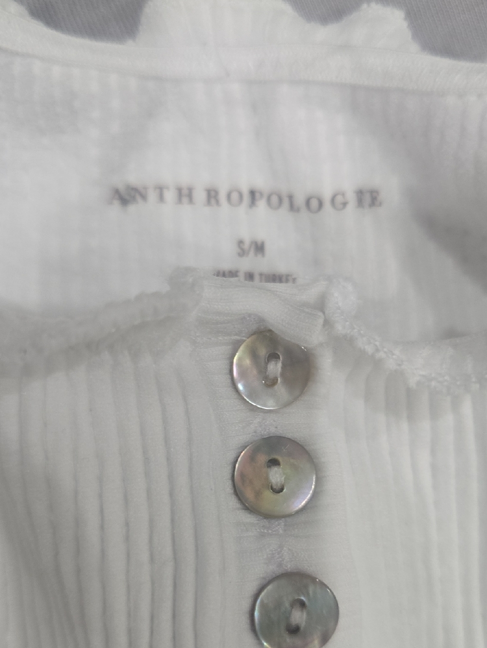 Anthropologie White Ribbed Ruffle Button Crop Top - Picture 2 of 3